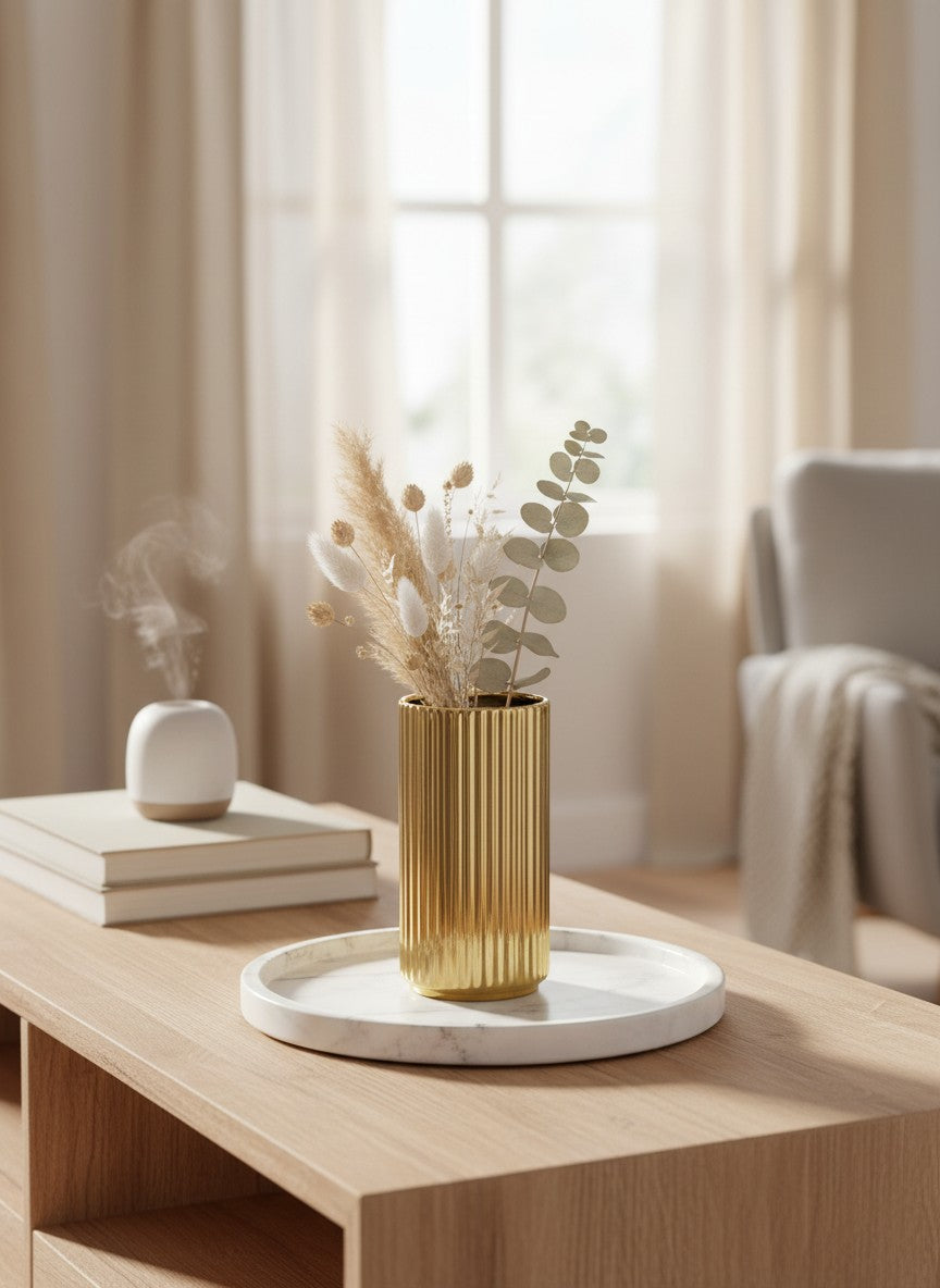 Ma boutique vase cylindrique doré en céramique avec finition brillante et relief vertical
