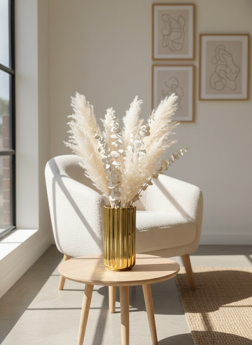 Ma boutique vase cylindrique doré en céramique avec relief vertical, finition brillante.