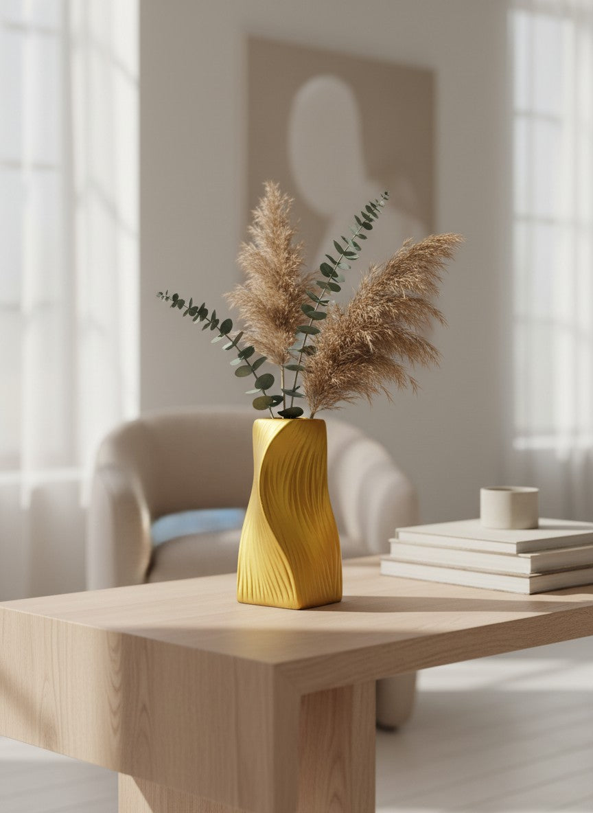 Vase doré texturé ondulé en résine de Ma boutique, design sculptural moderne.