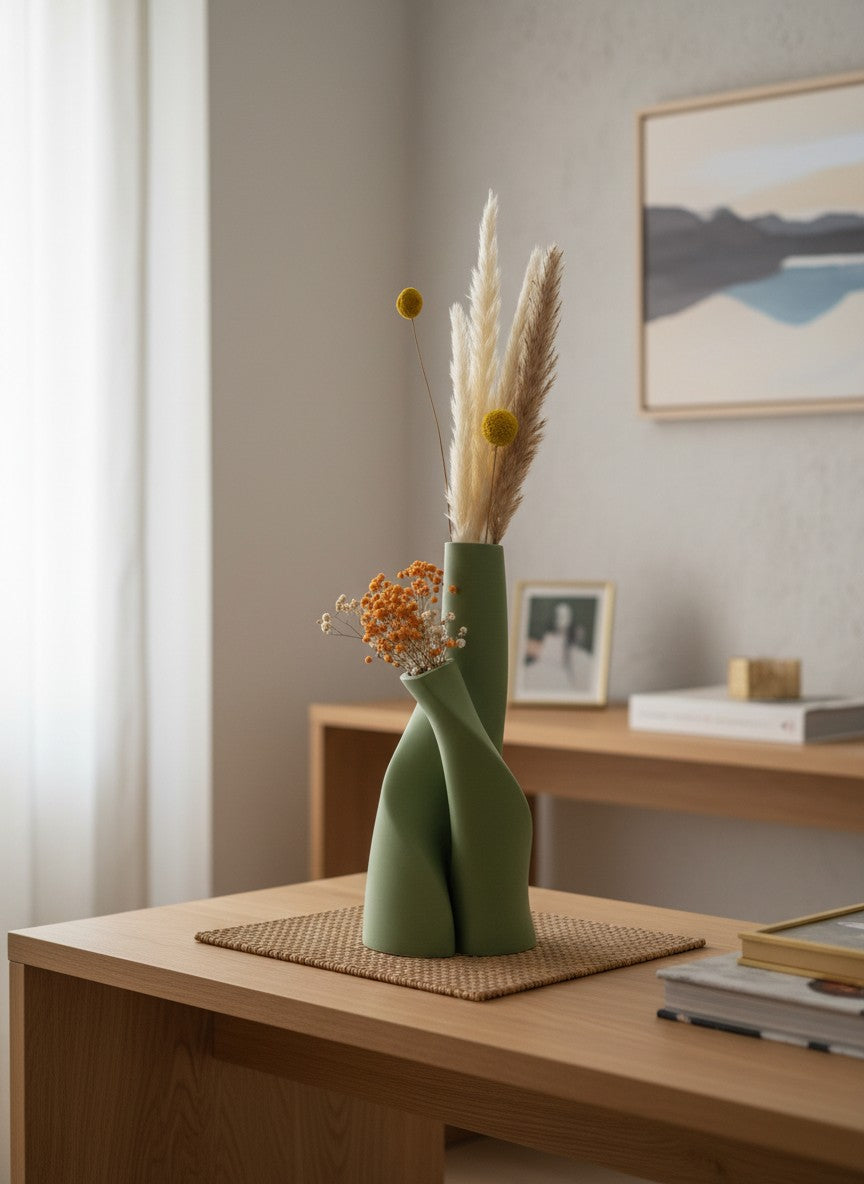 Ma boutique vase double forme spéciale vert en plastique, style moderne pour fleurs séchées