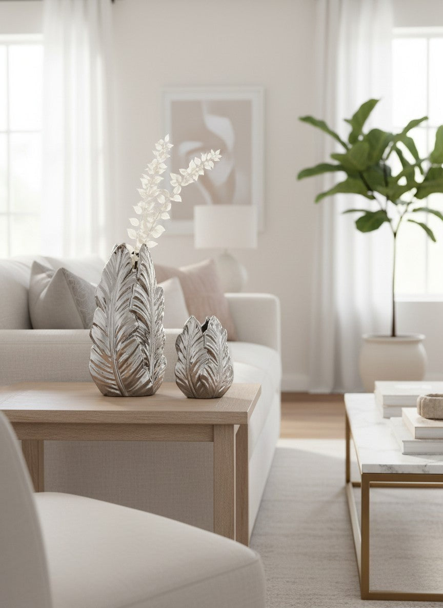 Ma boutique - Deux vases en céramique argentée en forme de feuille, design texturé, pour décoration intérieure.