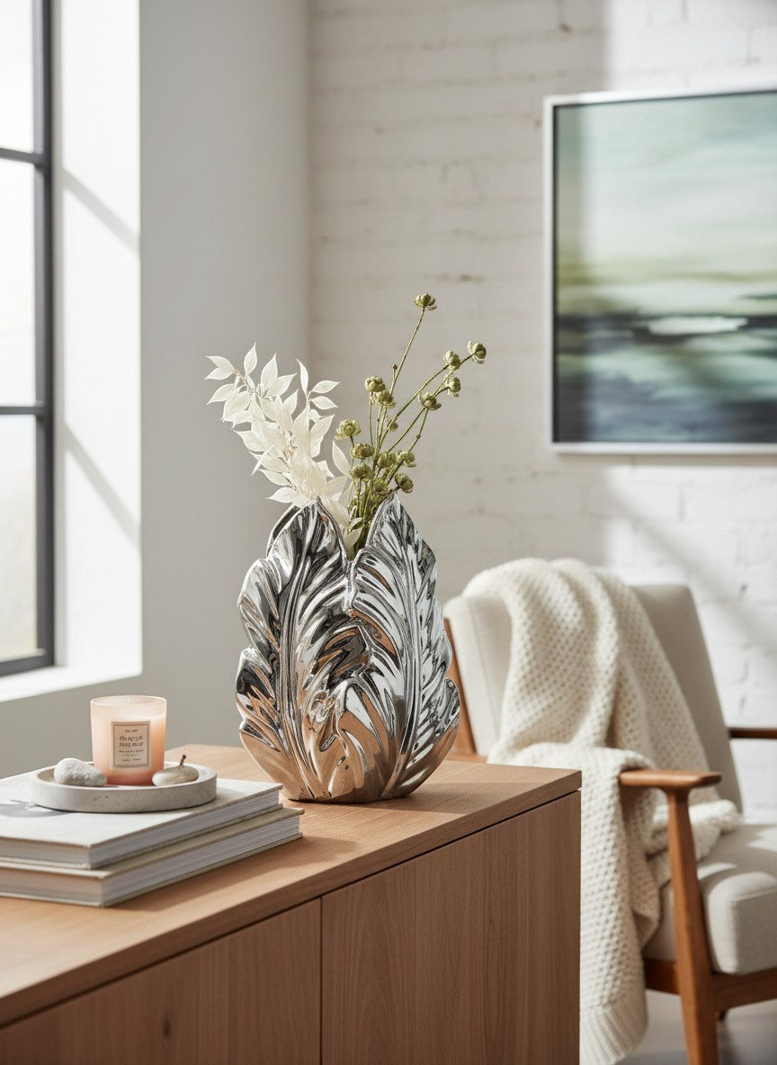 Vase feuille en céramique argenté Ma boutique, design moderne et luxueux.