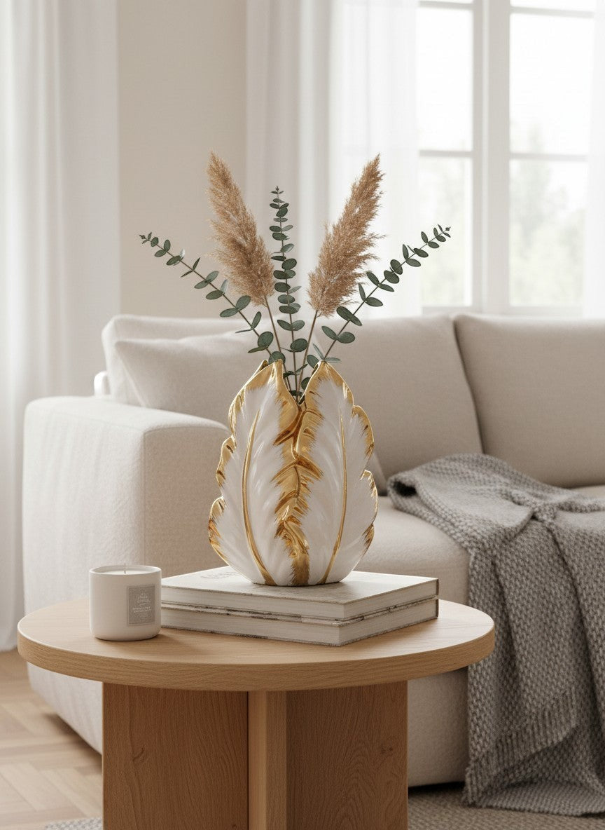 Vase feuille en céramique blanc et doré Ma boutique, design élégant pour décoration intérieure.