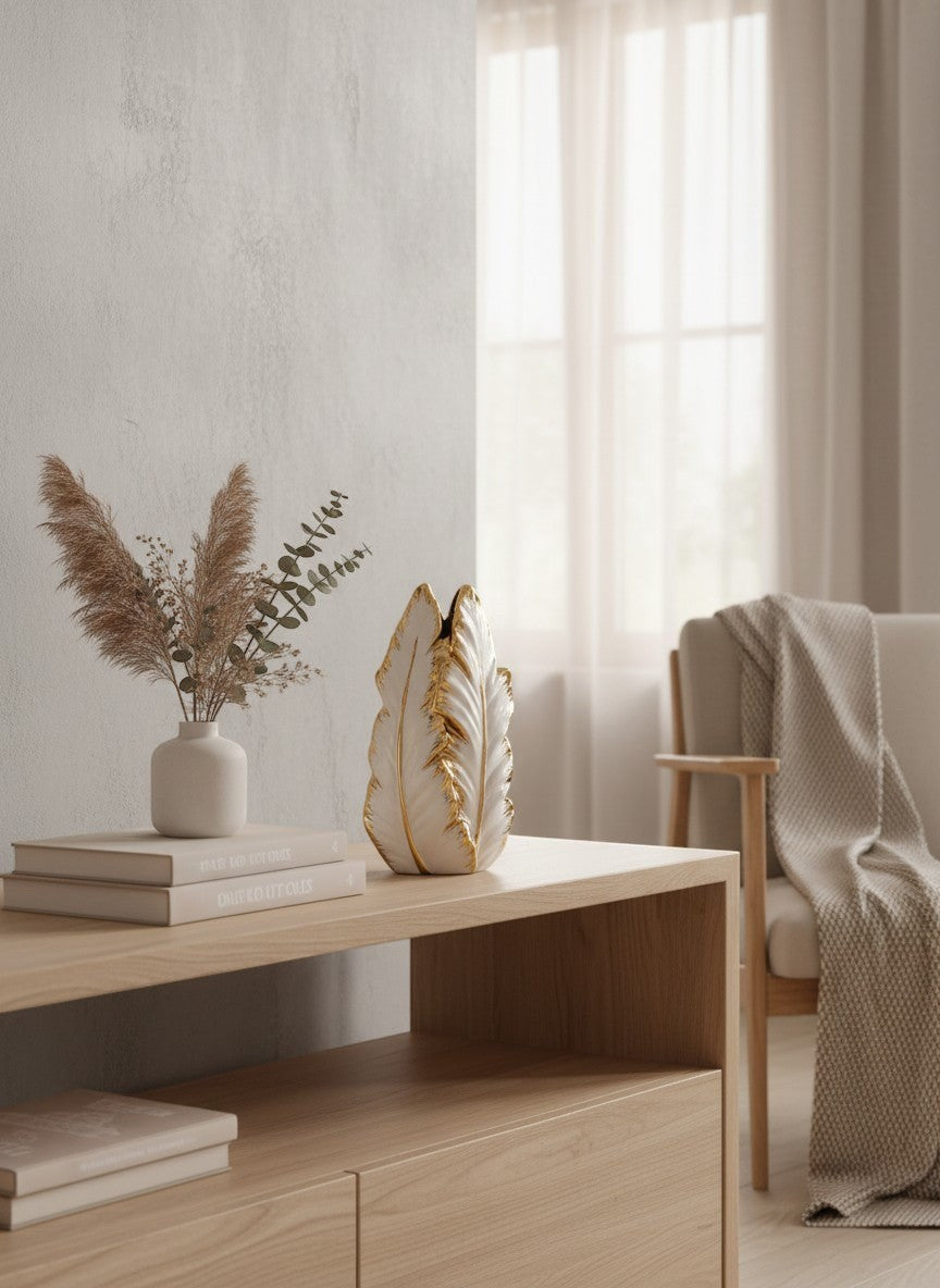 Ma boutique vase feuille en céramique blanc et doré, design élégant pour décoration intérieure.