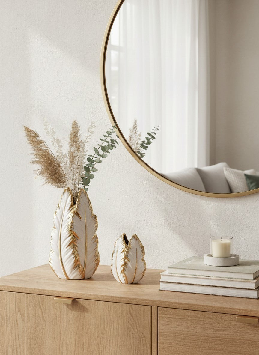 Ma boutique - Deux vases en céramique blanche et dorée en forme de feuille, design unique.