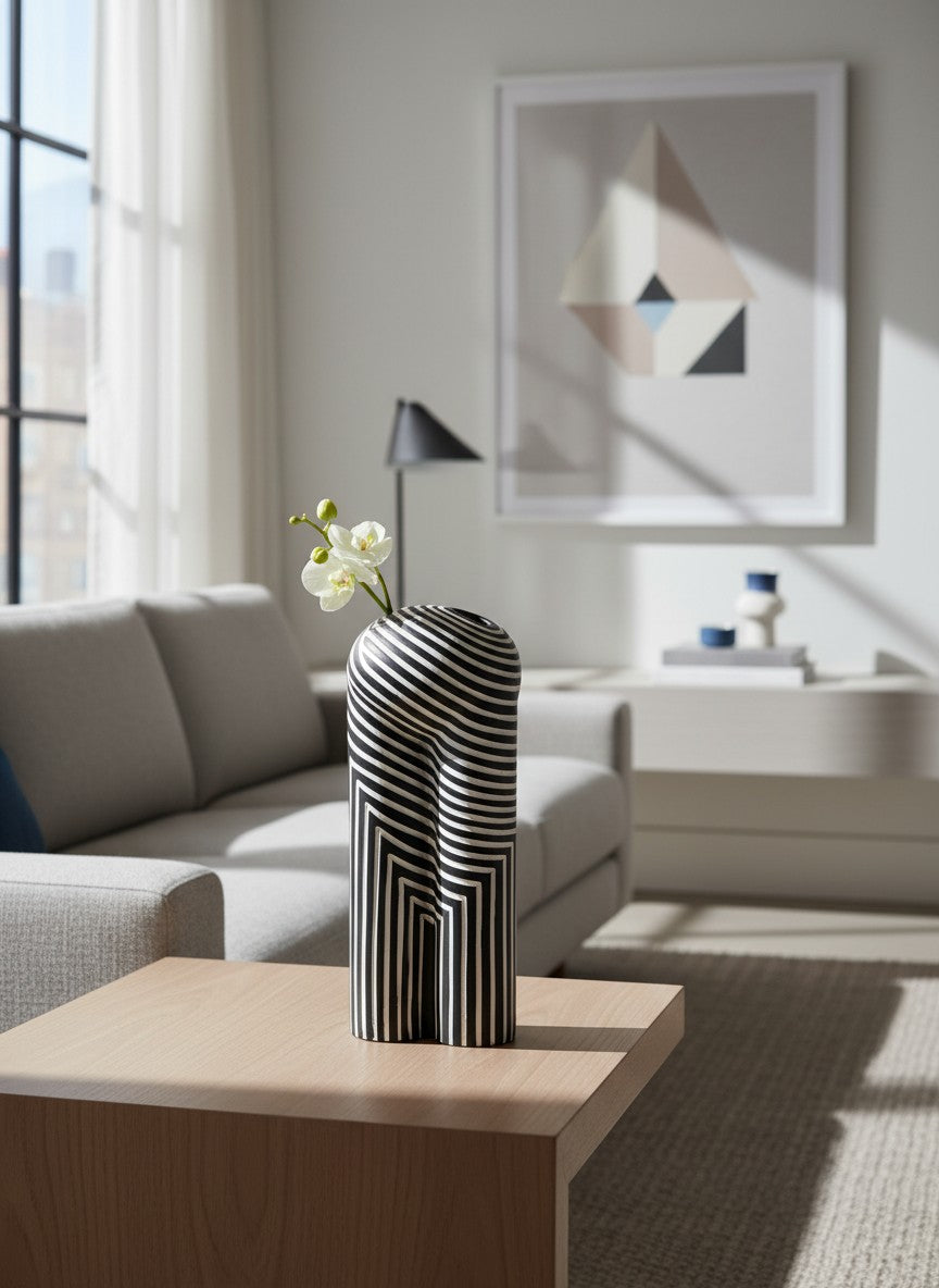 Vase Ma boutique géométrique noir et blanc avec un motif à rayures optiques, design unique pour la décoration intérieure.