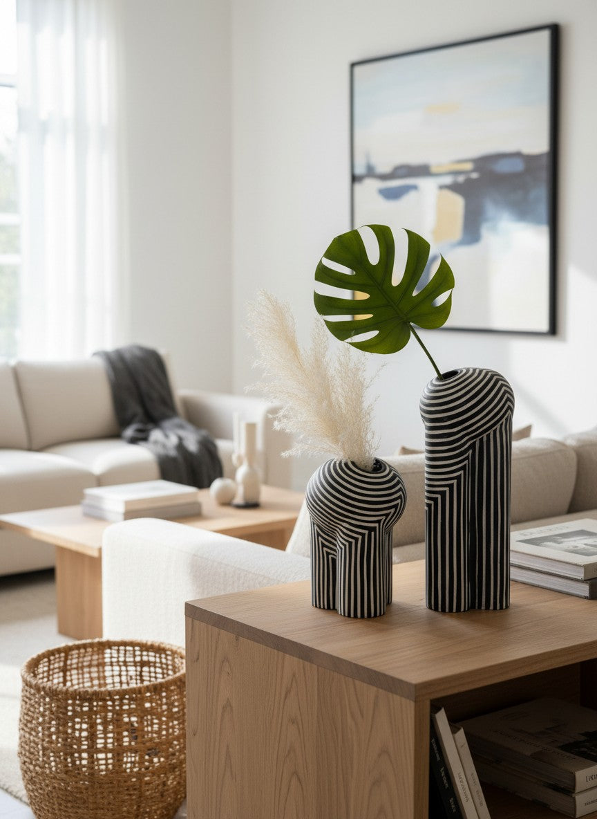 Ma boutique: deux vases géométriques noirs et blancs avec un motif à rayures abstraites. Design unique.