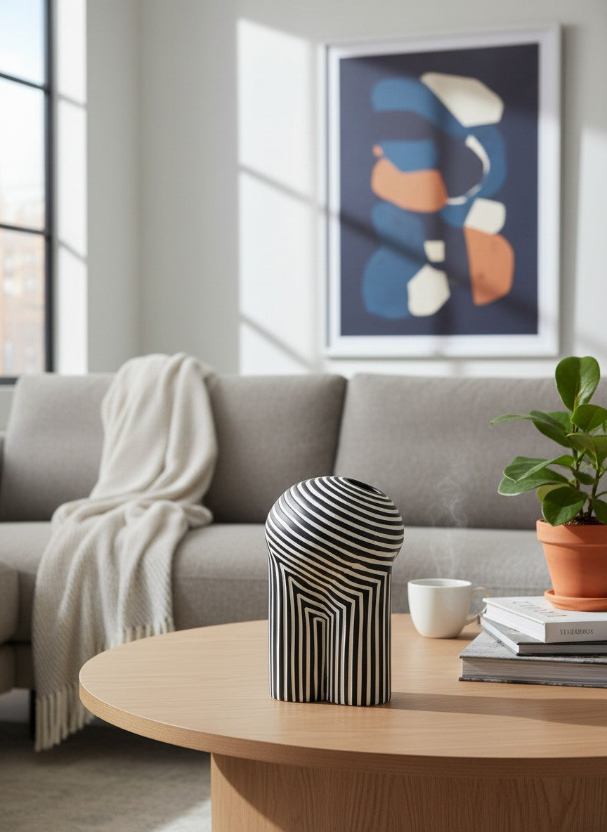 Ma boutique vase géométrique noir et blanc à rayures abstraites, design unique pour décoration intérieure.