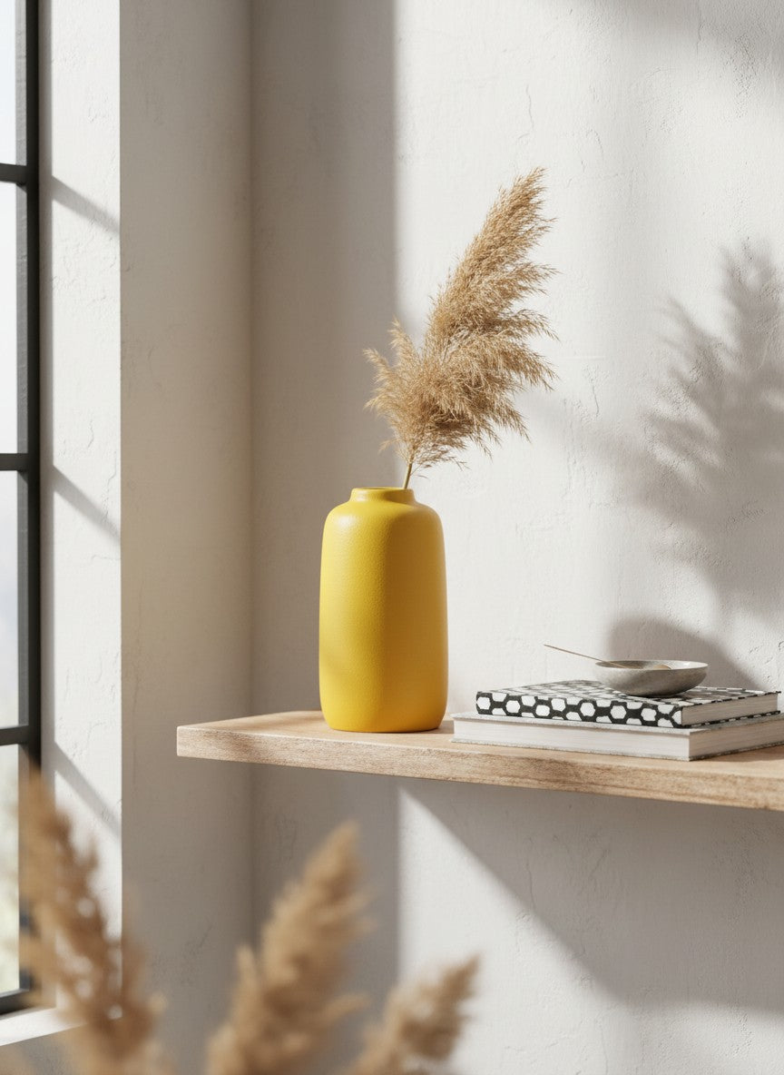 Ma boutique vase jaune en céramique moderne, design minimaliste, idéal pour fleurs séchées ou comme objet déco.