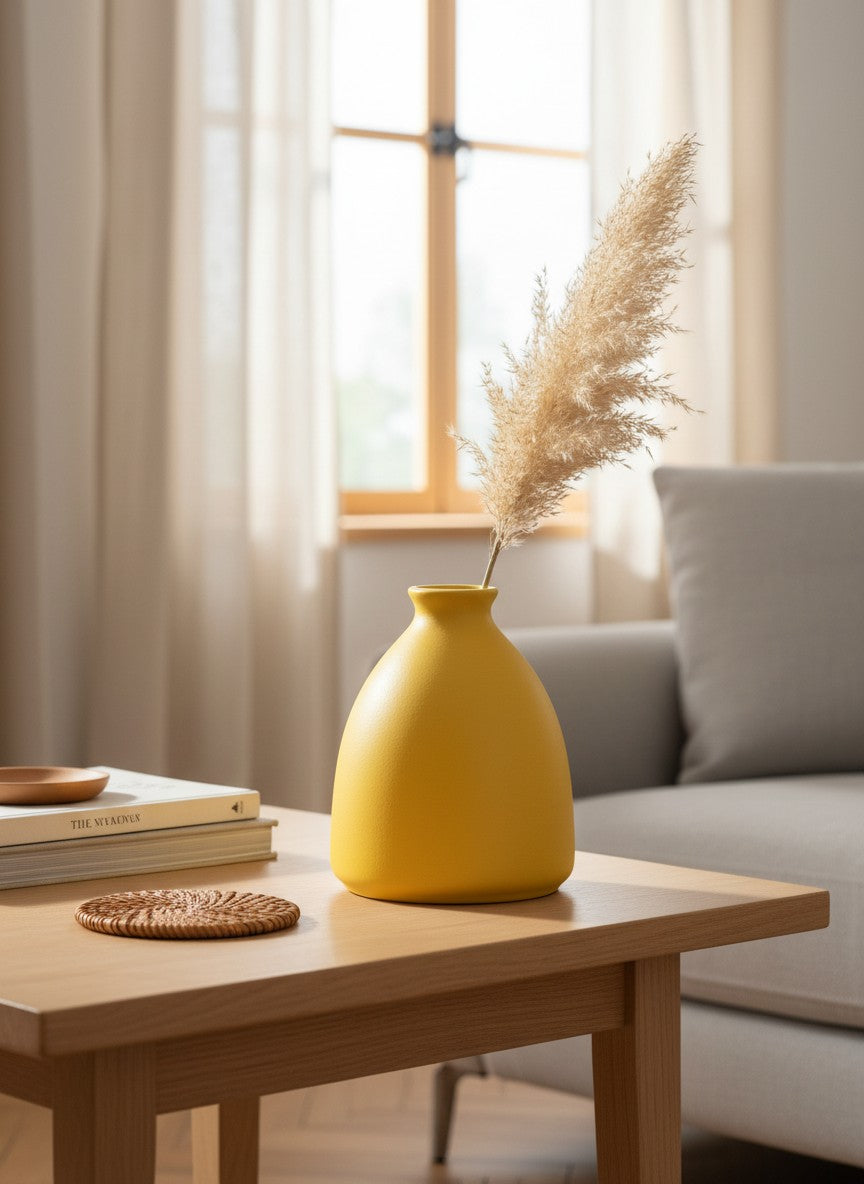 Vase jaune en céramique Ma boutique, design moderne et minimaliste, idéal pour fleurs séchées ou comme objet déco.