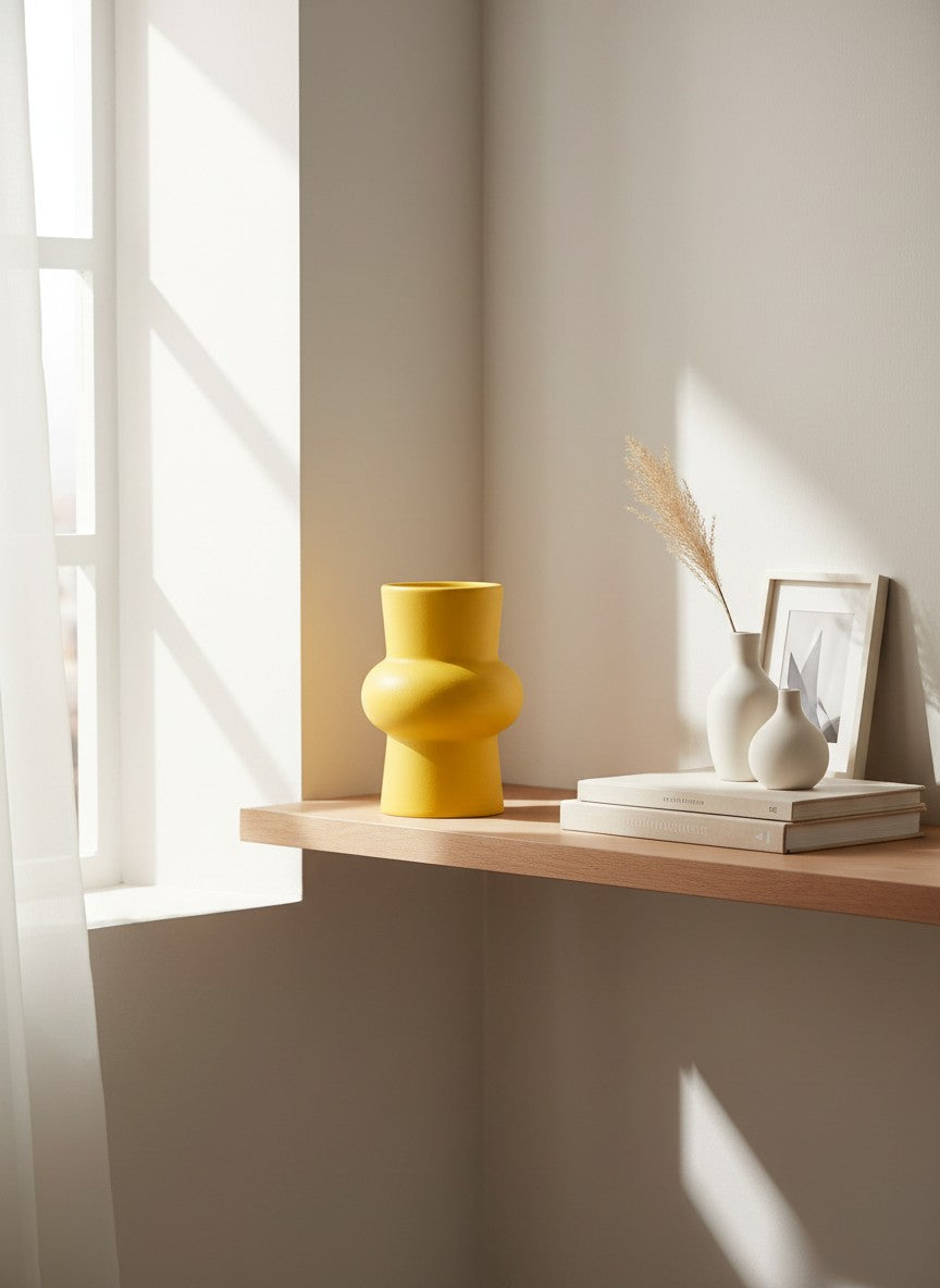 Ma boutique vase jaune en céramique moderne avec un design unique et une forme bulbeuse, parfait pour la décoration intérieure.