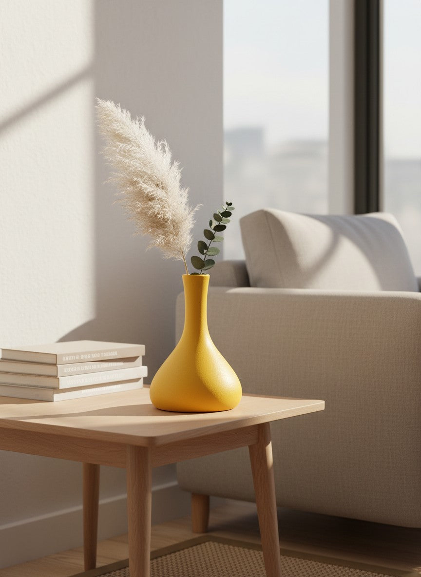 Ma boutique vase jaune en céramique moderne, forme unique, idéal pour fleurs séchées ou comme objet déco.