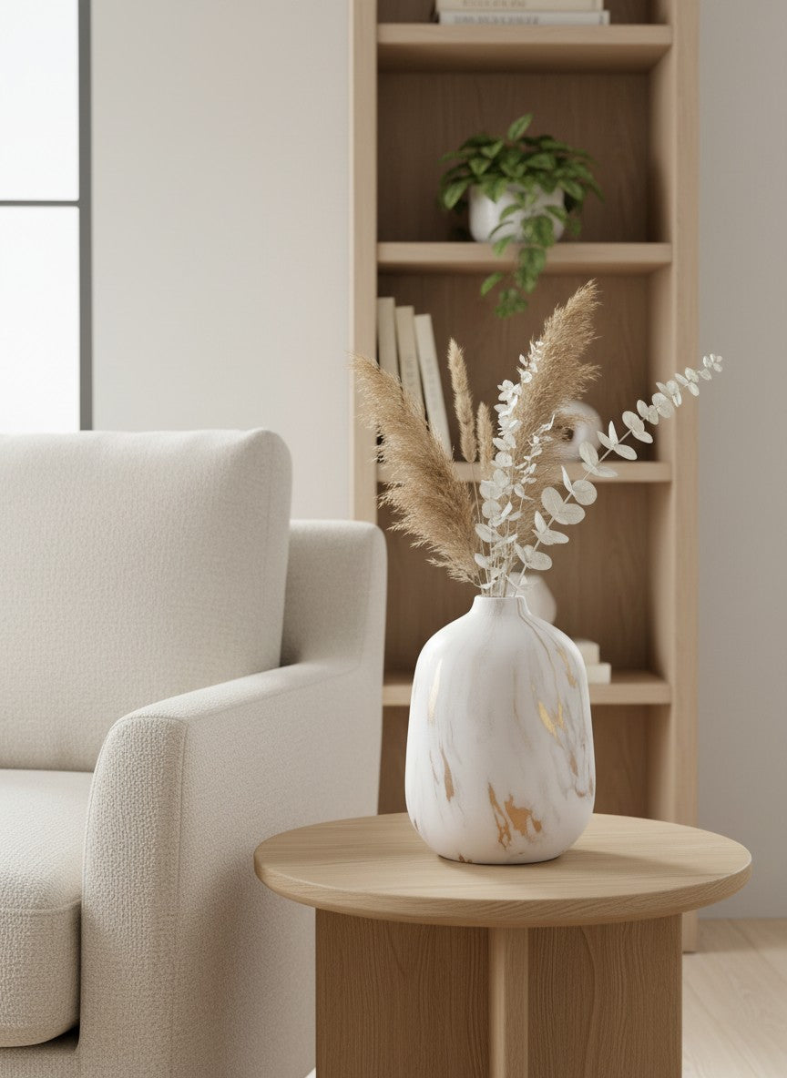 Ma boutique vase en céramique blanc et doré effet marbre, design moderne pour décoration intérieure.