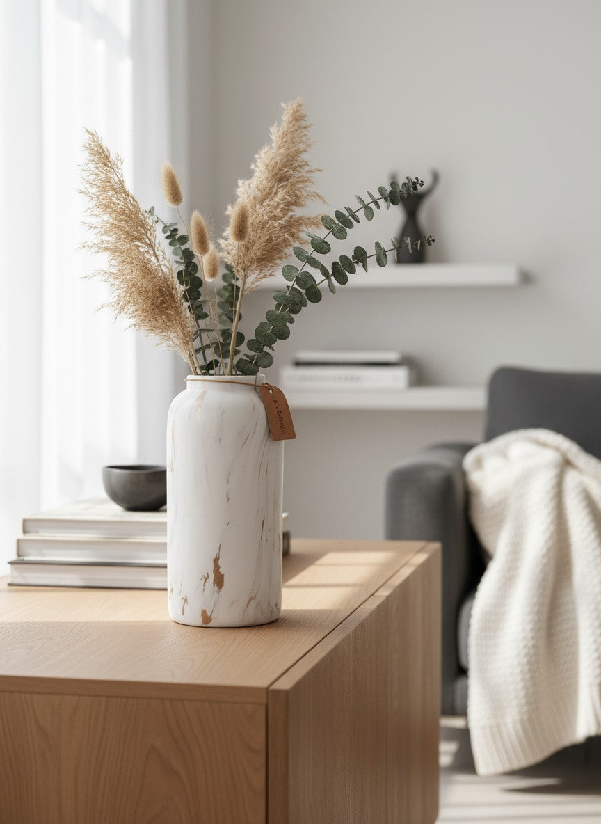 Vase Ma boutique en céramique blanc et doré effet marbre, design moderne pour décoration intérieure.