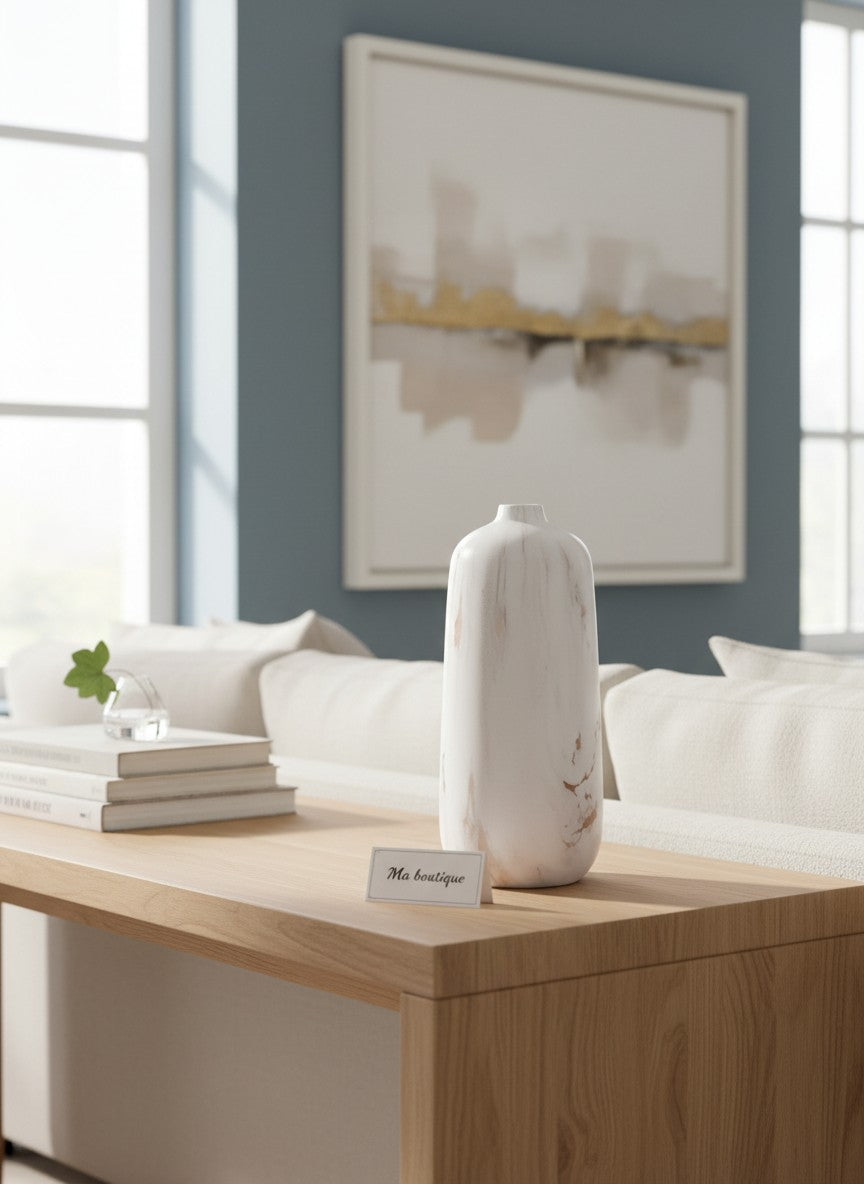 Vase unique en céramique Ma boutique effet marbre blanc et doré, design moderne pour décoration intérieure.