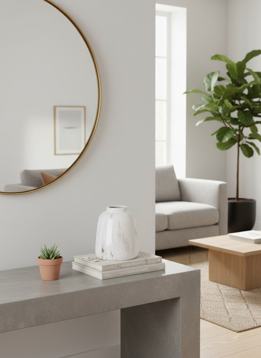 Vase Ma boutique en céramique blanche et dorée effet marbre, design moderne pour décoration intérieure.