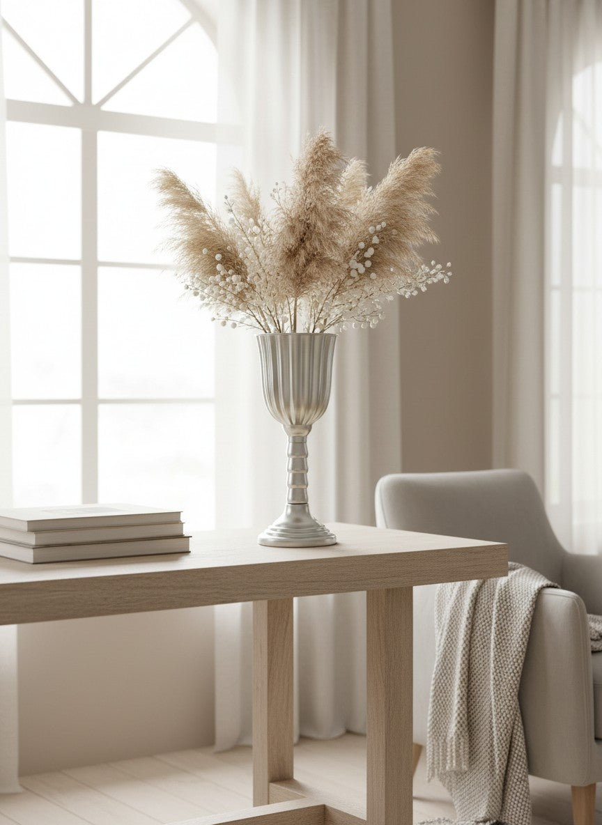Vase Médicis haut argenté Ma boutique, forme cannelée sur pied, idéal pour fleurs séchées ou décorations.