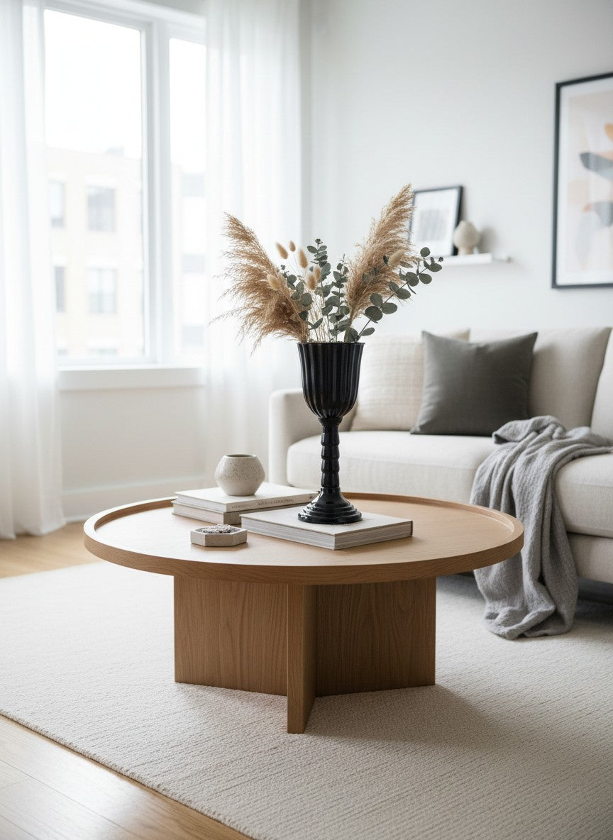 Vase Médicis haut noir Ma boutique avec pied cannelé et base évasée, idéal pour fleurs séchées ou décorations.