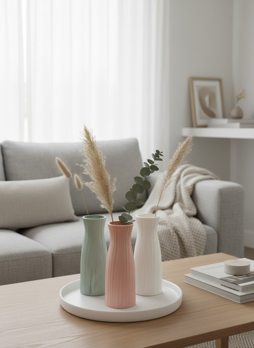 Ma boutique: Trois vases modernes texturés, un vert sauge, un rose et un blanc, avec une silhouette élancée.