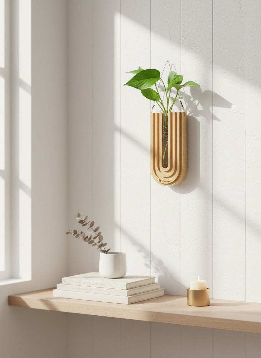 Vase mural en bois Ma boutique, design arc de cercle, avec tube en verre pour plantes ou fleurs séchées.