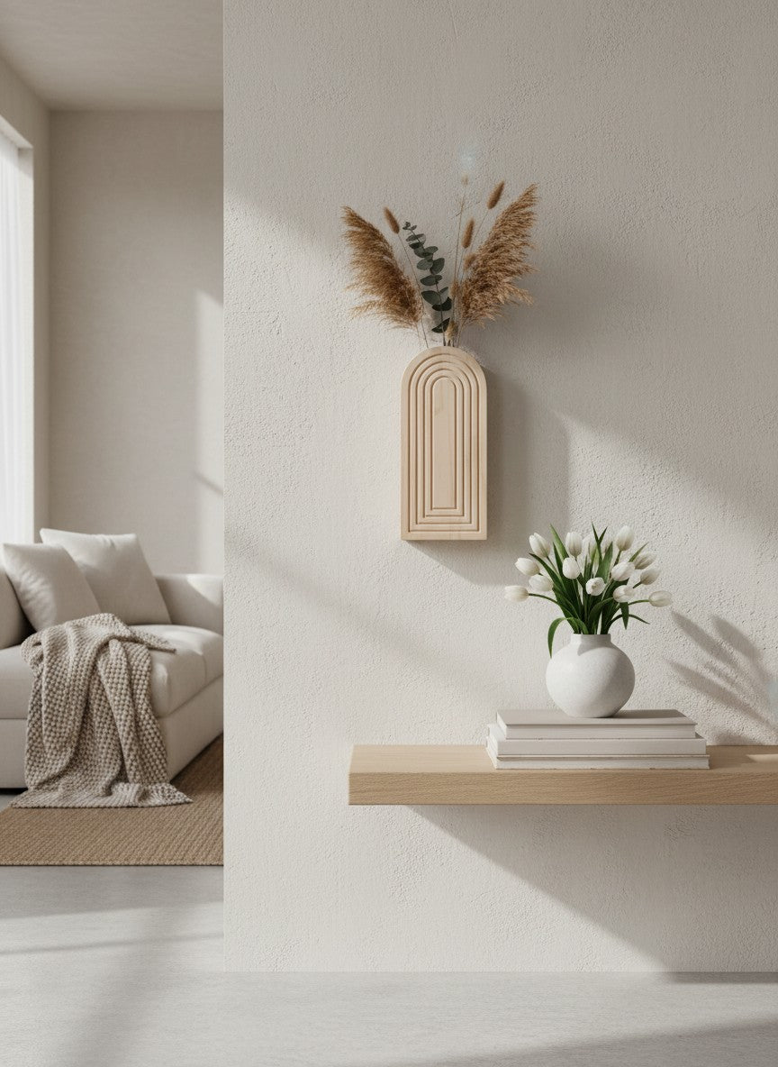 Vase mural en bois Ma boutique au design arqué et géométrique, idéal pour une décoration naturelle et bohème.