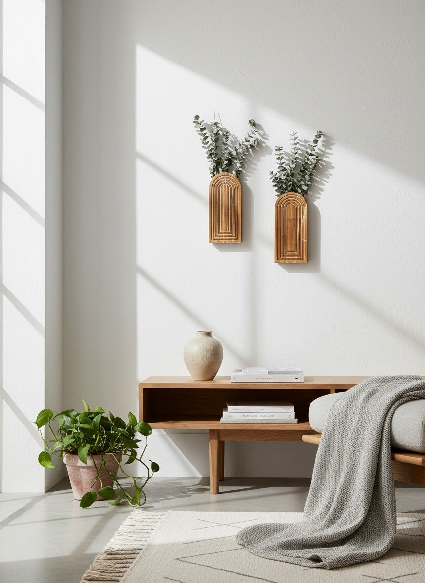 Ma boutique - Deux vases muraux en bois naturel avec motif arche géométrique, idéaux pour fleurs séchées.