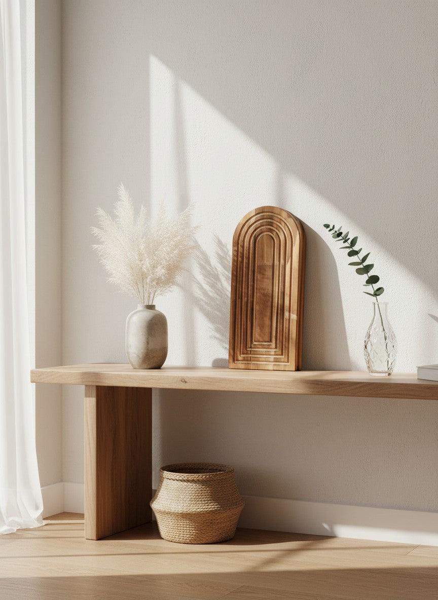 Vase mural en bois Ma boutique au design arqué et géométrique, idéal pour fleurs séchées.