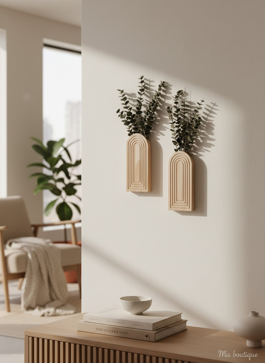 Ma boutique - Deux vases muraux en bois clair au design arqué et géométrique, avec des tiges d'eucalyptus.