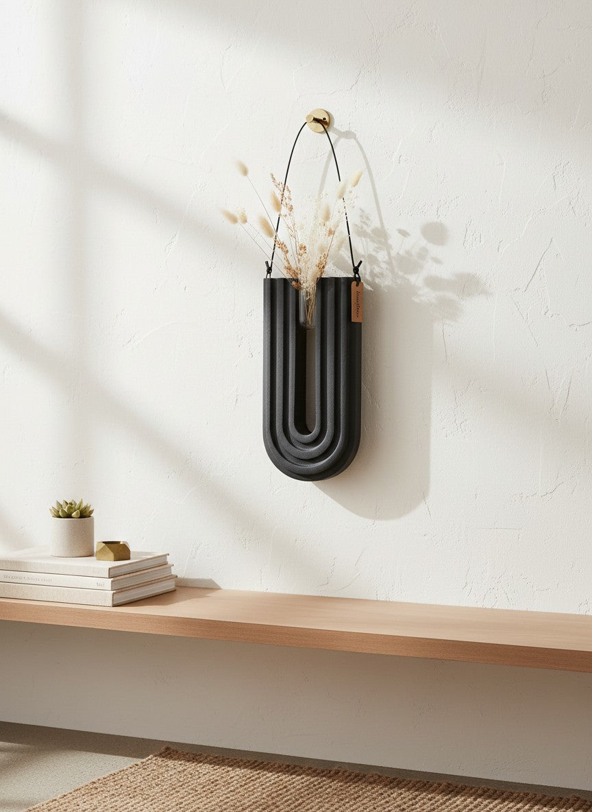 Vase mural en bois noir Ma boutique, design arche arche, suspendu, moderne et minimaliste pour fleurs séchées.