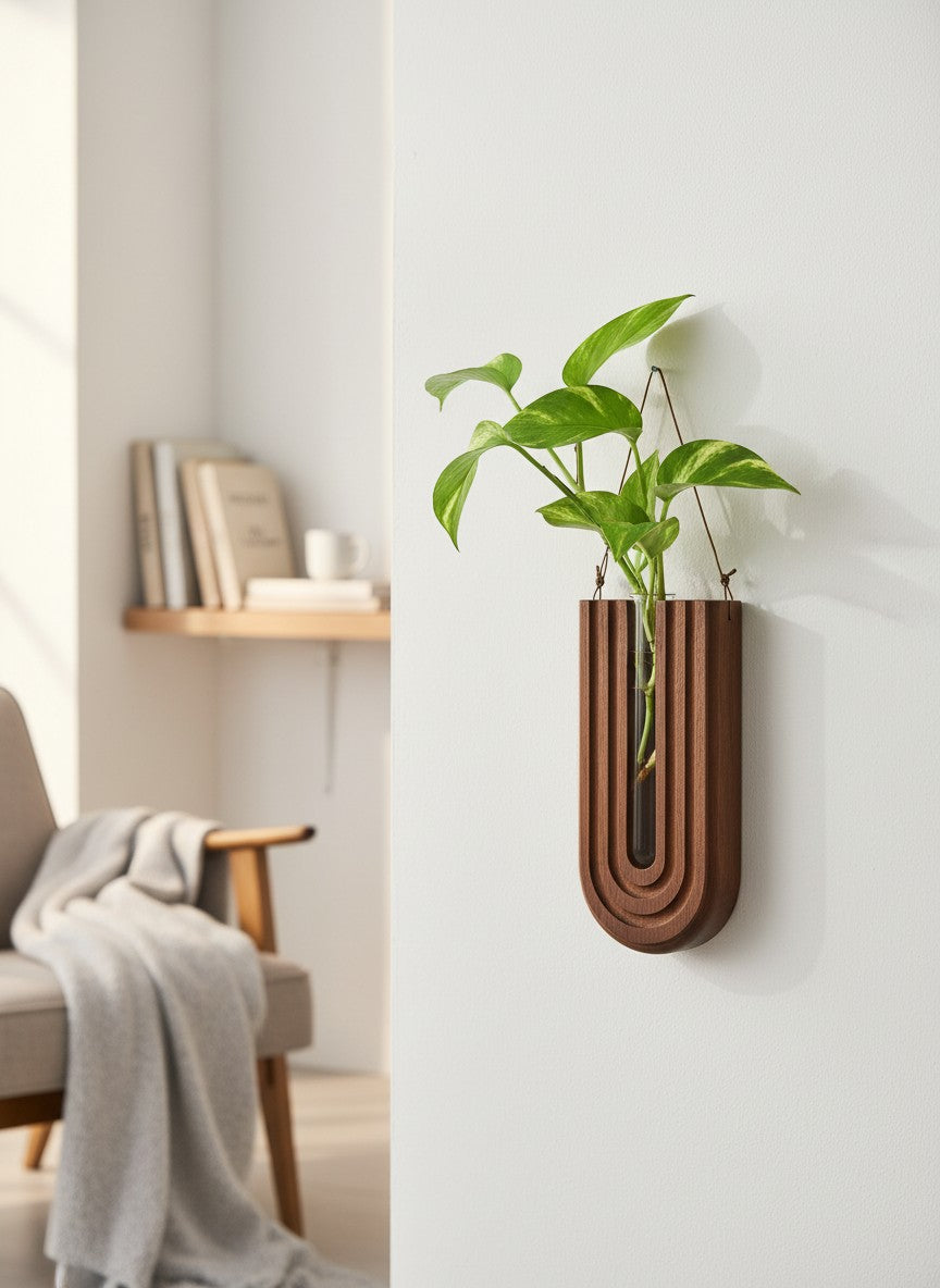 Vase mural en bois Ma boutique avec une plante verte suspendue. Design moderne et minimaliste.