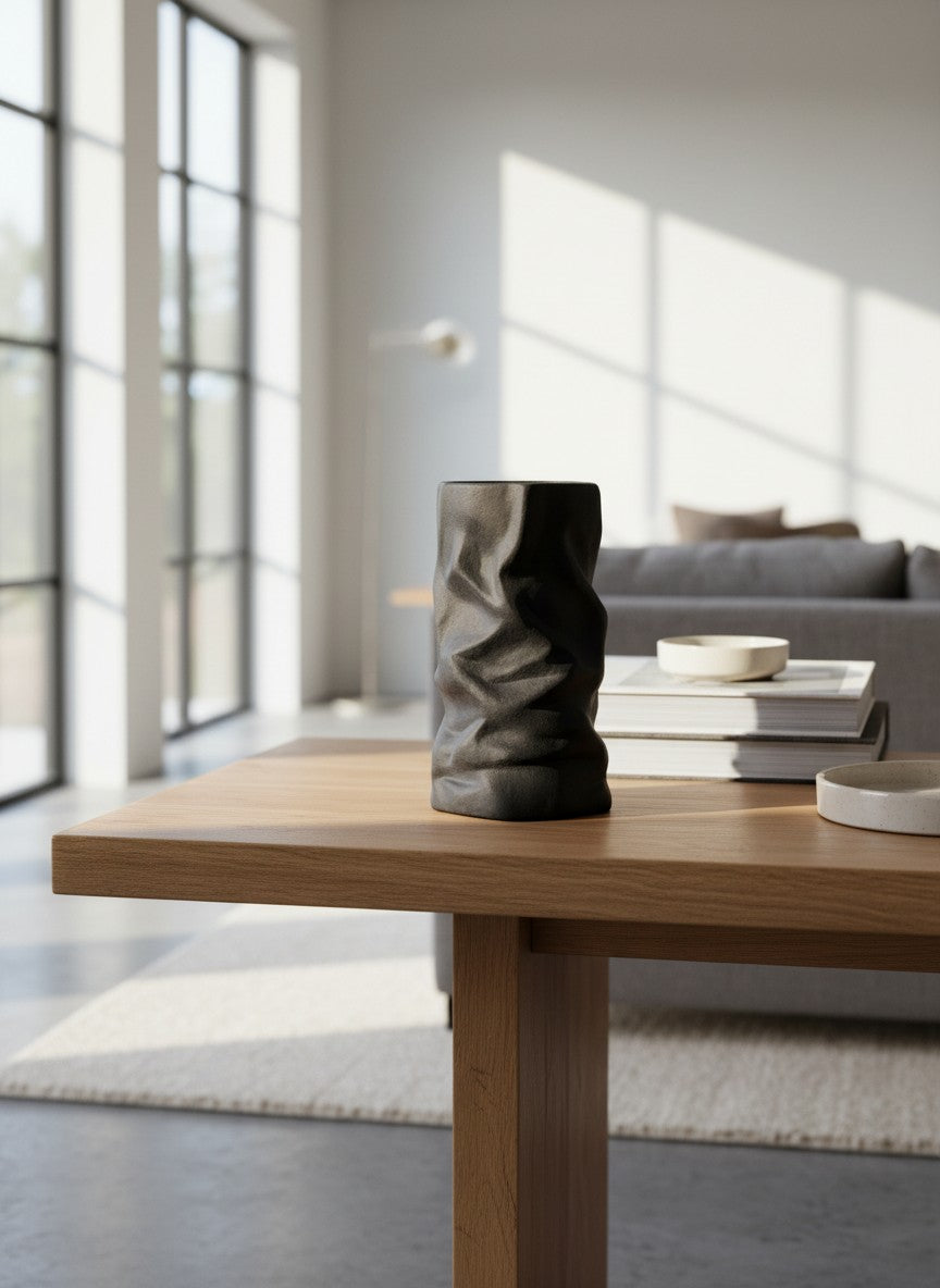 Ma boutique vase noir en céramique à finition mate texturée, forme irrégulière moderne et design.