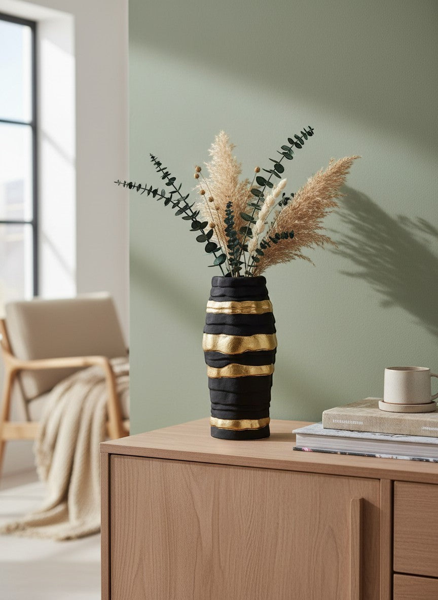 Vase Ma boutique en céramique noir et or texturé, design moderne et luxueux, idéal pour décoration intérieure.