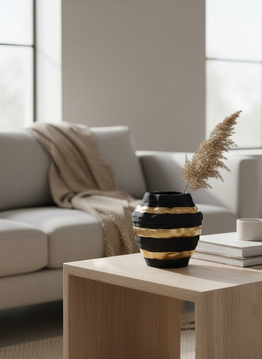 Vase Ma boutique en céramique noir et or texturé, design moderne et luxueux, idéal pour décoration intérieure.