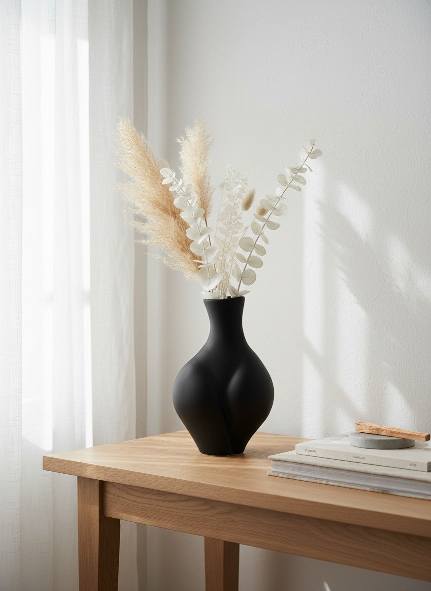 Vase noir mat Ma boutique en céramique avec une forme organique sculpturale, idéal pour la décoration intérieure.