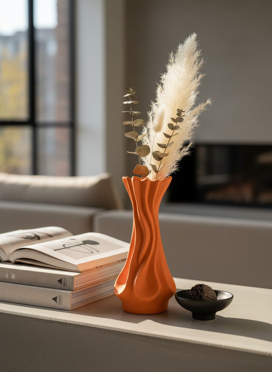 Vase Ma boutique orange en céramique au design moderne et texturé, idéal pour la décoration intérieure.