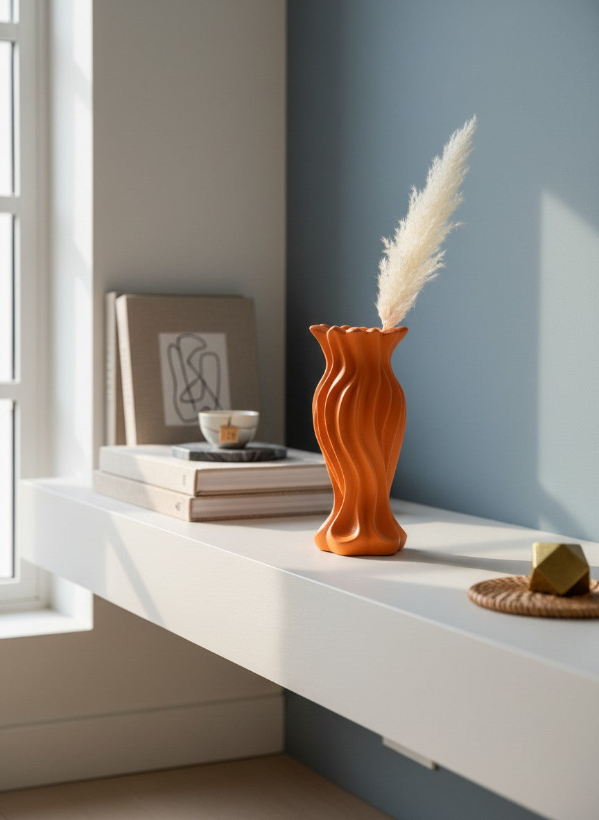 Vase Ma boutique orange en céramique au design moderne et texturé, idéal pour la décoration intérieure.