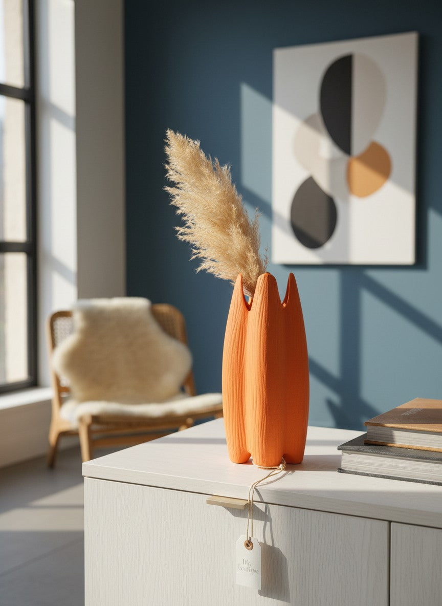 Ma boutique vase orange en céramique au design moderne et texturé, idéal pour la décoration intérieure.