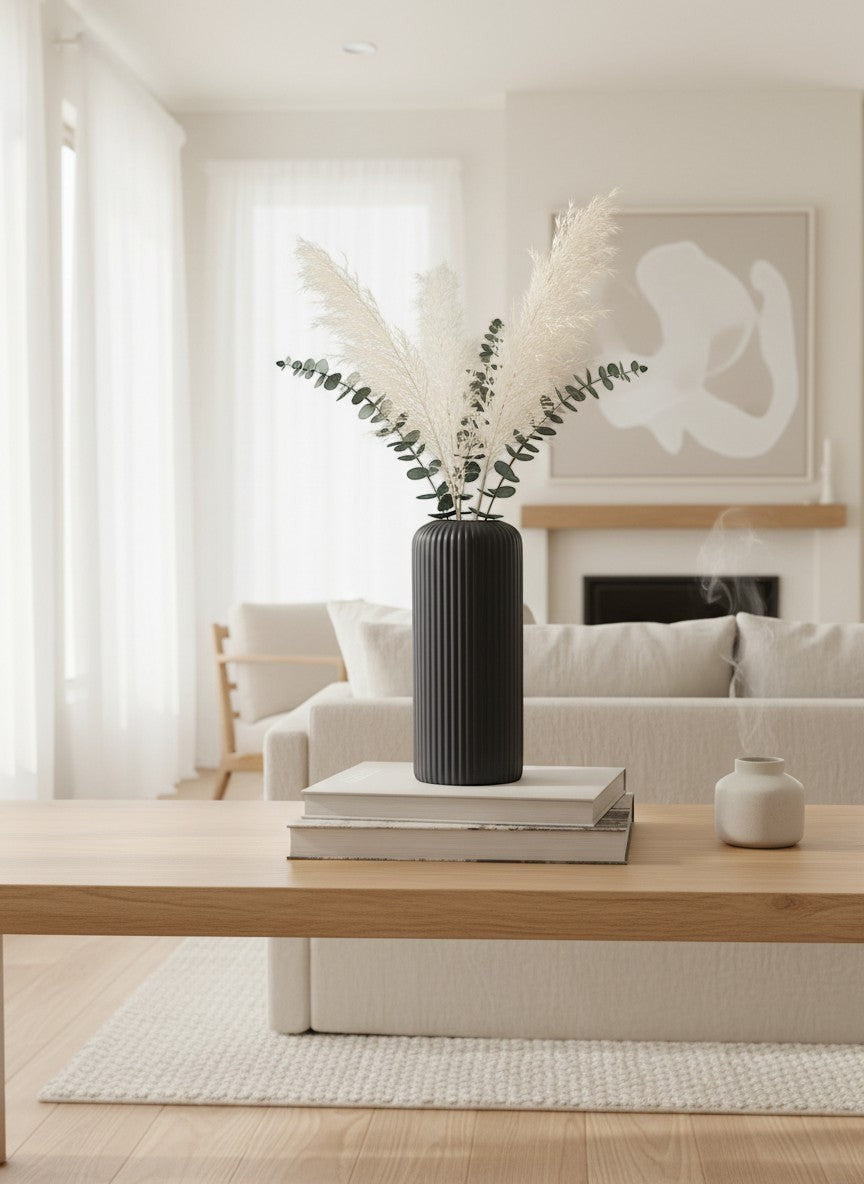 Ma boutique vase décoratif en plastique noir texturé côtelé, idéal pour arrangements floraux.