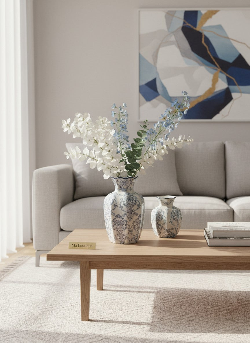 Ma boutique - Vase en poterie bleu et blanc avec motif floral traditionnel, disponible en 2 tailles.
