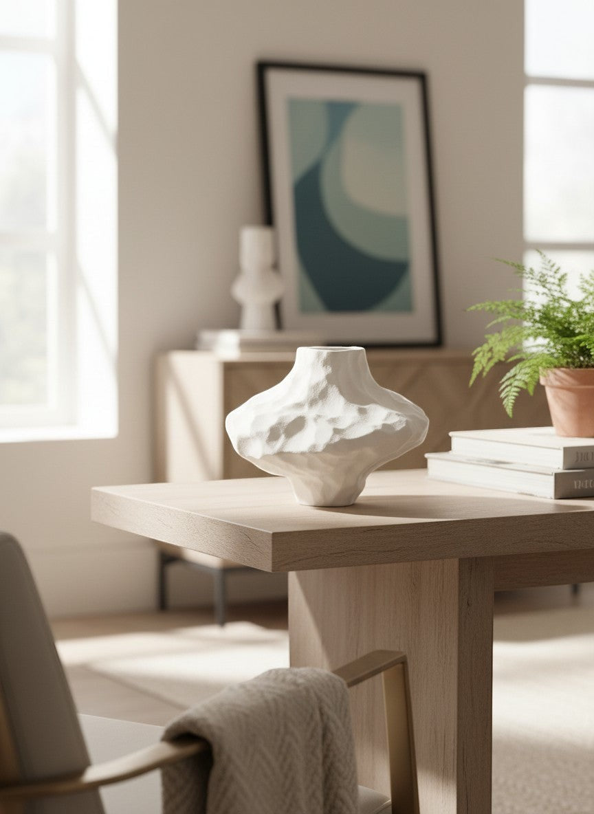 Vase roche blanc en céramique Ma boutique, finition texturée inspirée de la pierre, forme sculpturale unique.