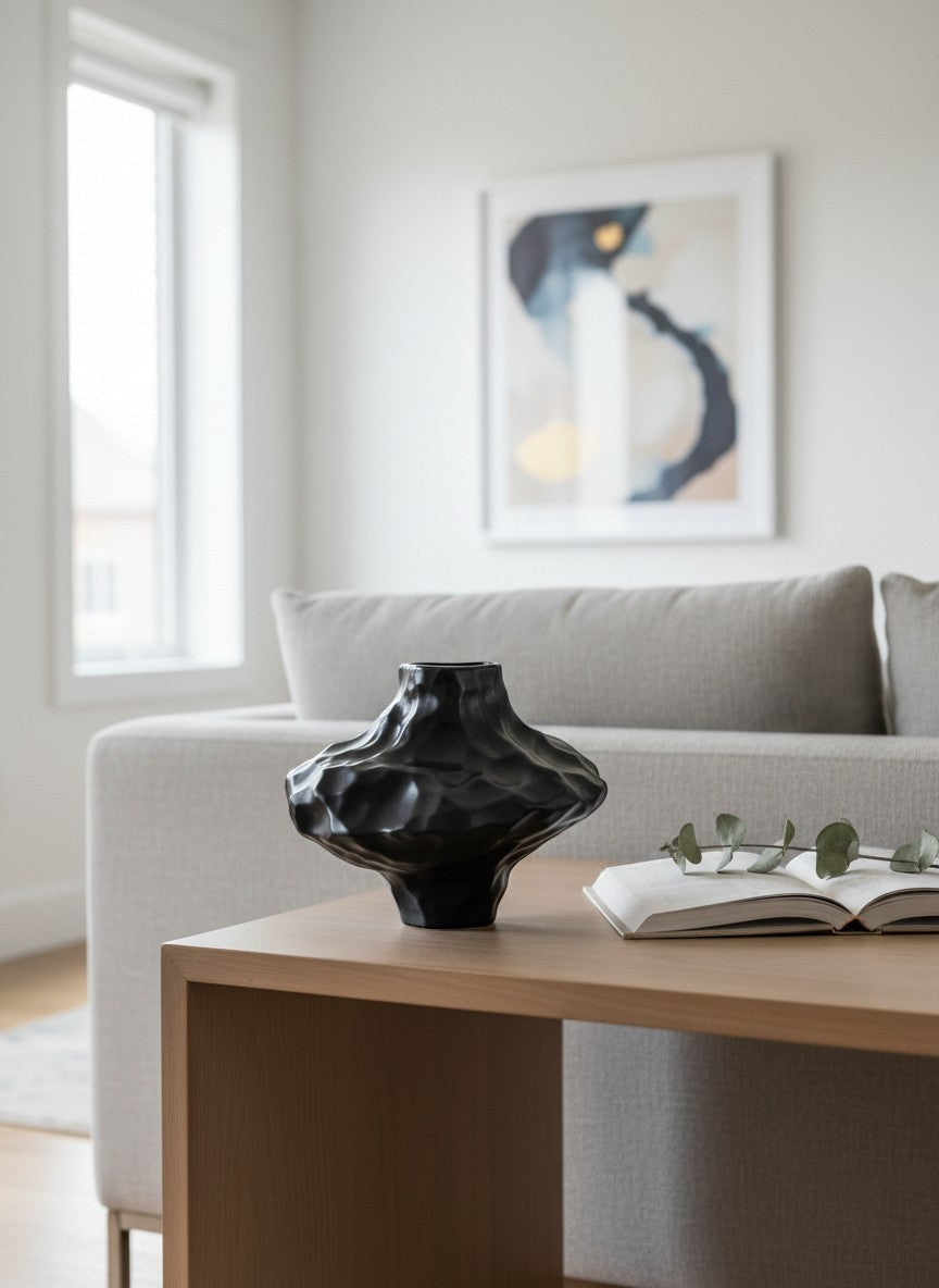 Vase roche noir en céramique Ma boutique, finition brillante, forme sculpturale inspirée de la pierre.