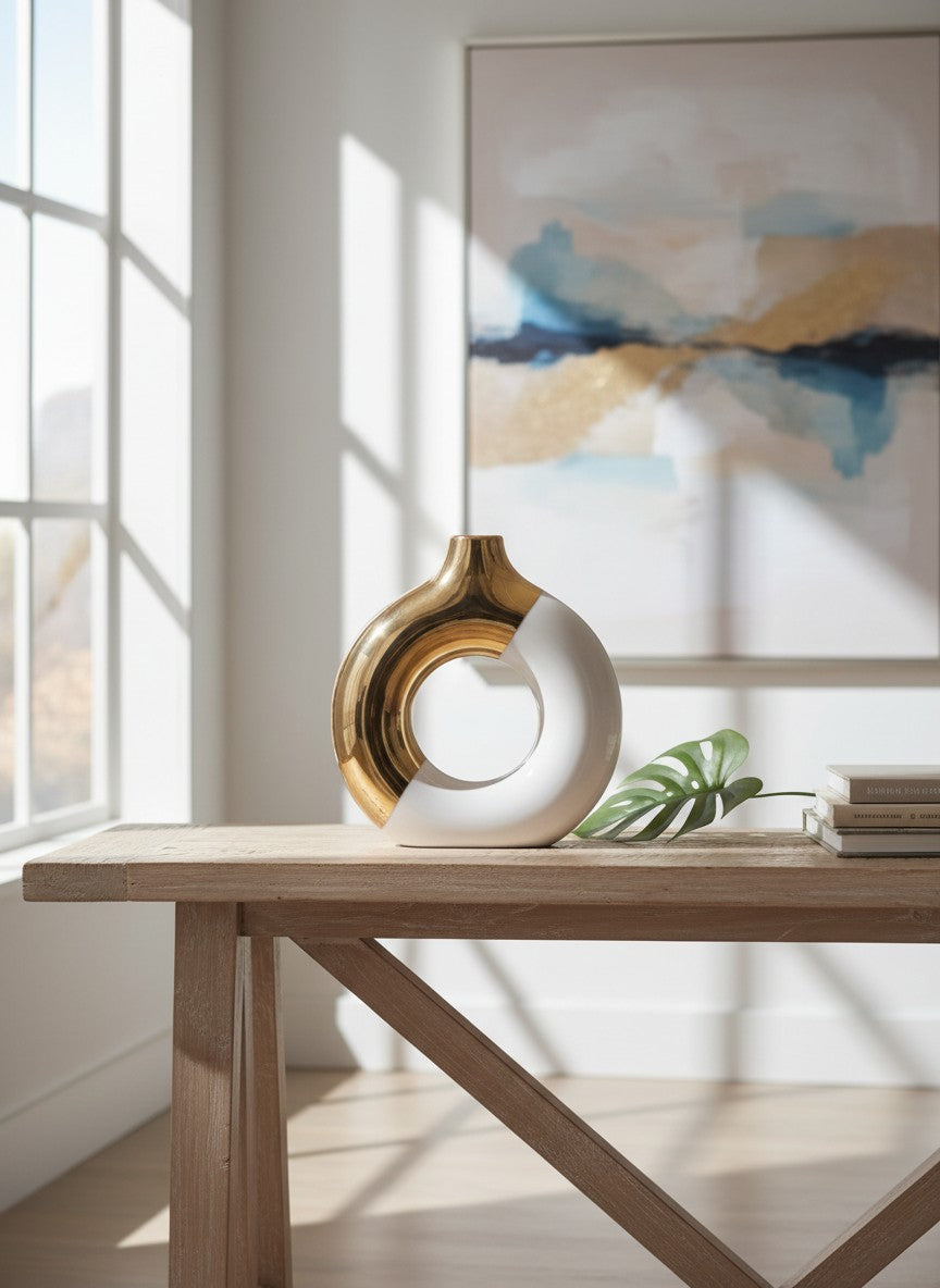 Vase rond ajouré Ma boutique blanc et doré finition brillante, design moderne pour décoration intérieure.