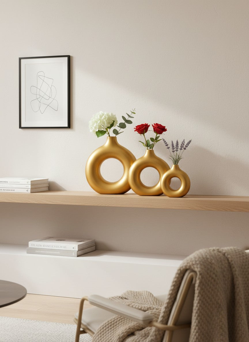 Ma boutique Vase rond doré ajouré en résine, disponible en plusieurs tailles, idéal pour fleurs séchées ou comme objet décoratif.