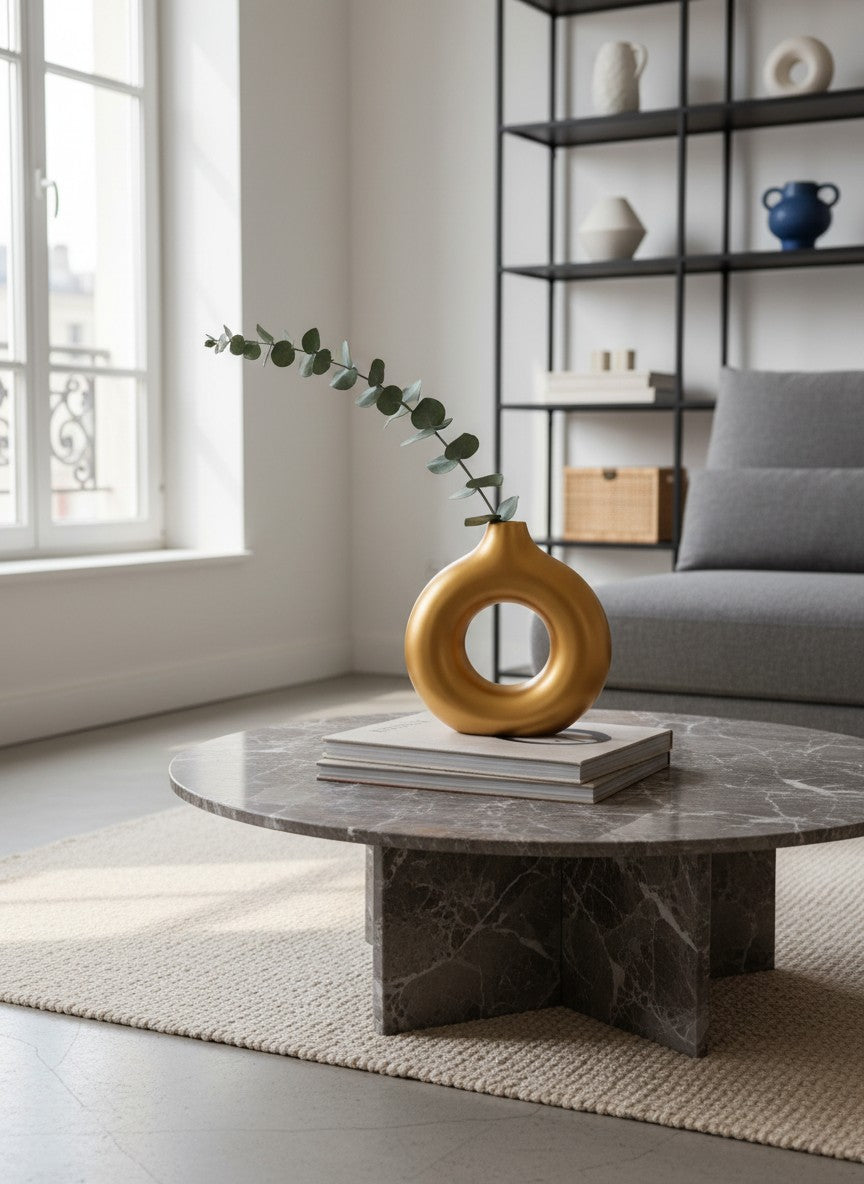 Vase rond ajouré doré en résine de Ma boutique, design moderne pour décoration intérieure.