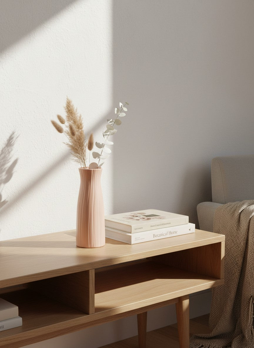Ma boutique vase moderne texturé rose pâle, design minimaliste et élancé, idéal pour fleurs séchées ou bouquets.