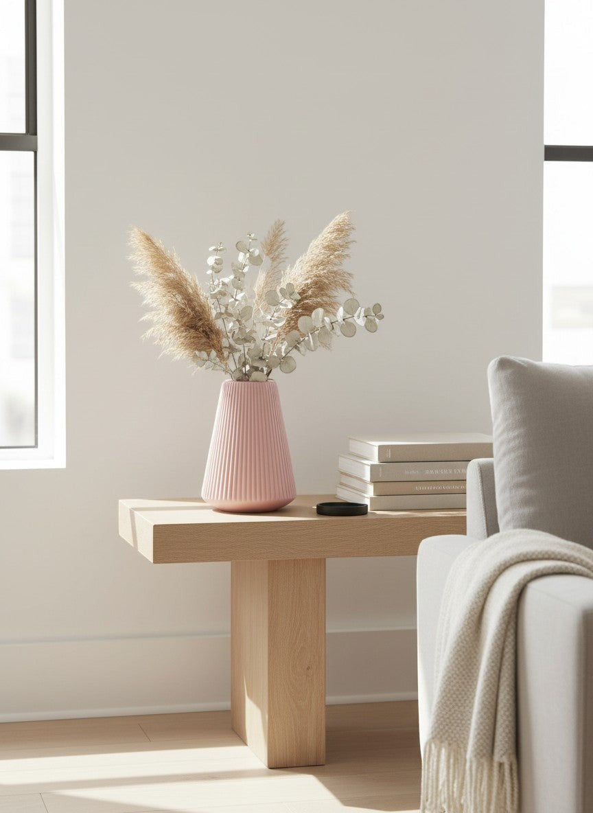 Vase décoratif texturé rose de Ma boutique, design nordique minimaliste avec côtes verticales, idéal pour fleurs séchées ou bouquets.