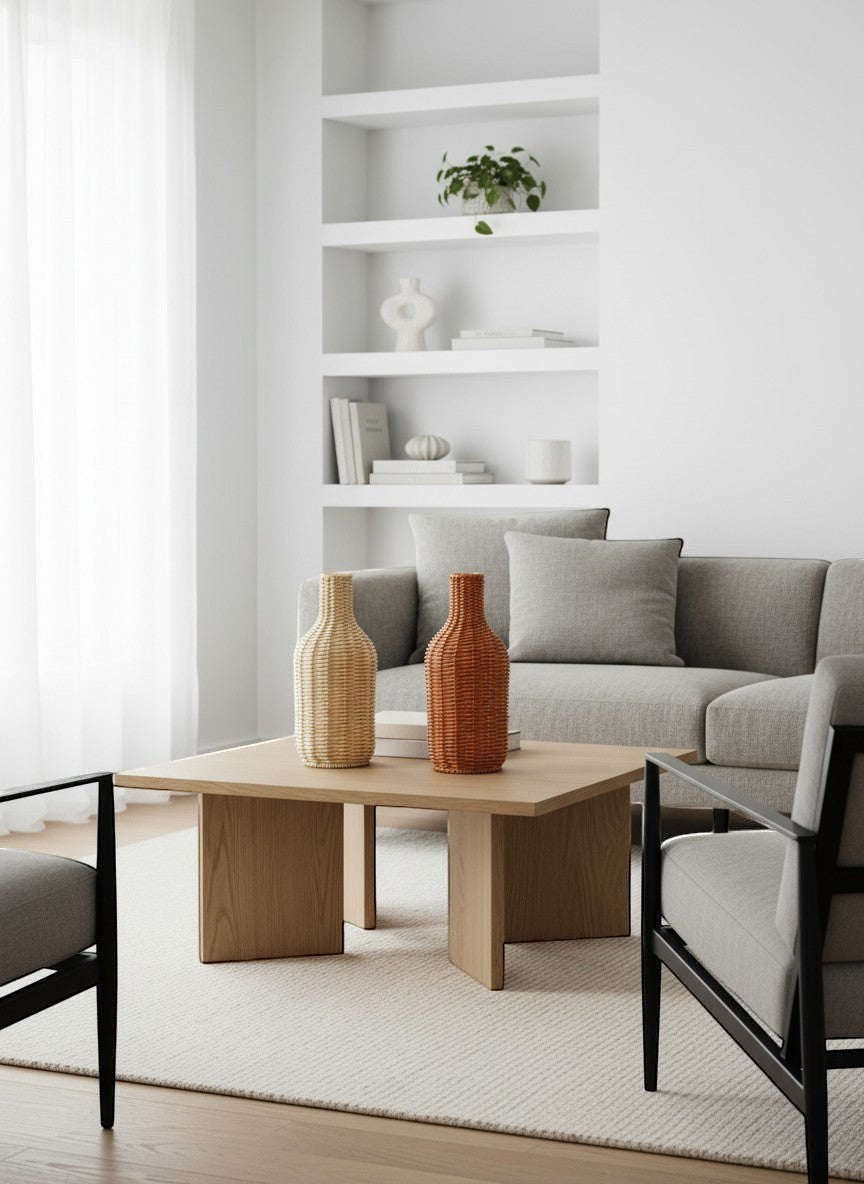 Ma boutique - Deux vases en rotin tressé, un beige et un orange, style bouteille, pour décoration intérieure.