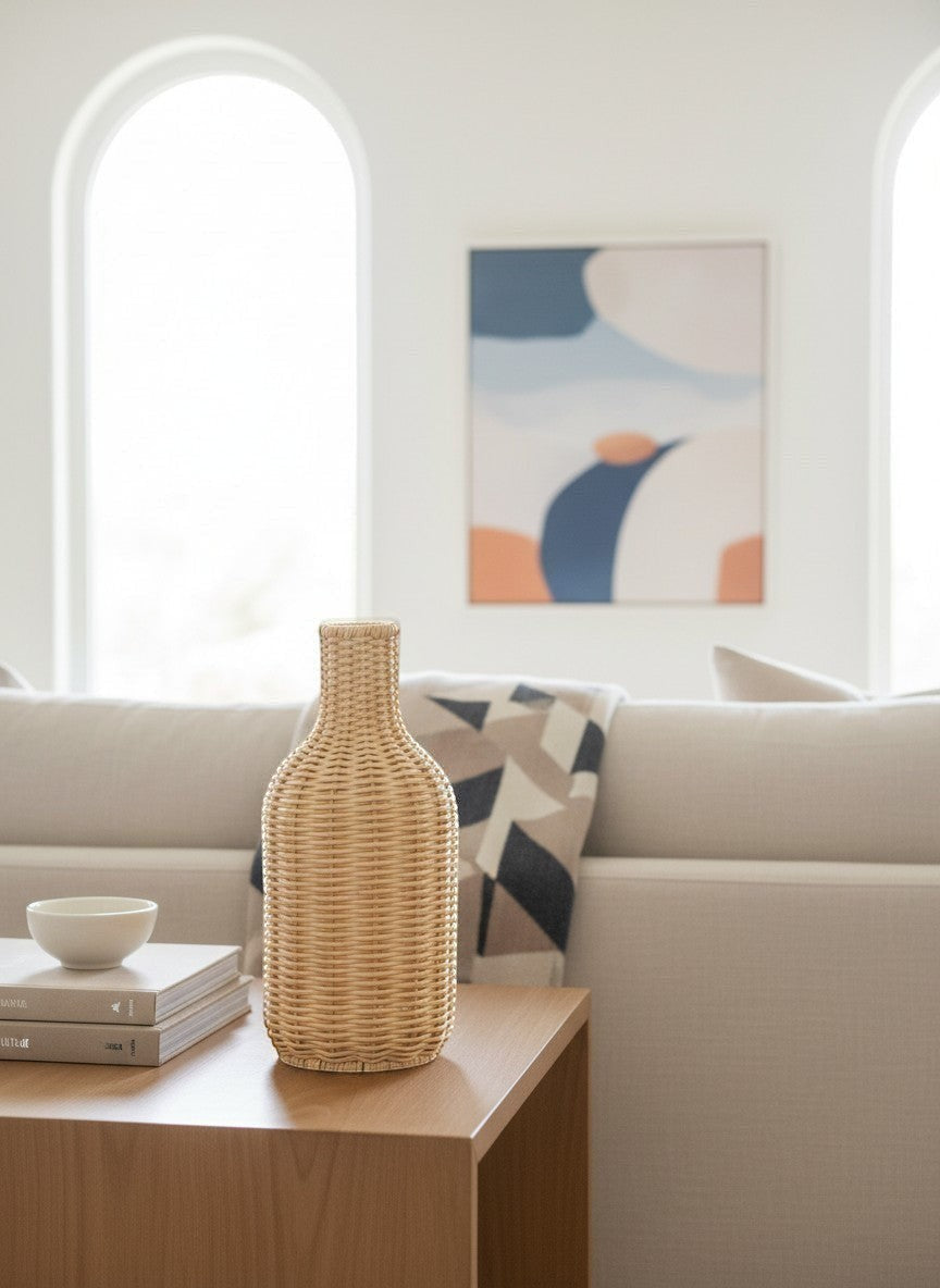 Ma boutique vase en rotin tressé beige clair, style cottagecore, idéal pour arrangement floral intérieur.