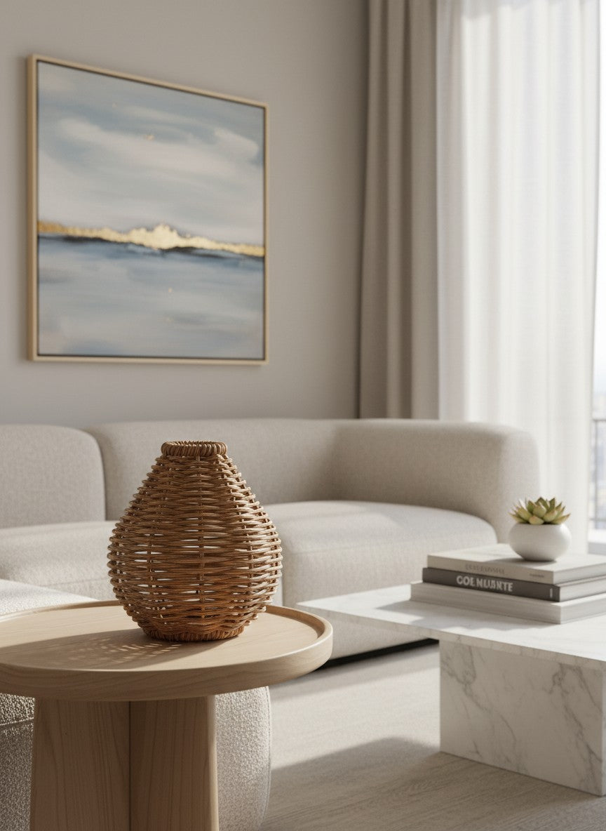 Ma boutique vase en plastique tressé aspect rotin marron, style rétro pastoral pour arrangement floral intérieur.
