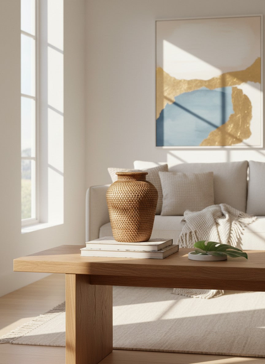 Vase en rotin naturel tressé Ma boutique, idéal pour fleurs séchées ou branches décoratives.